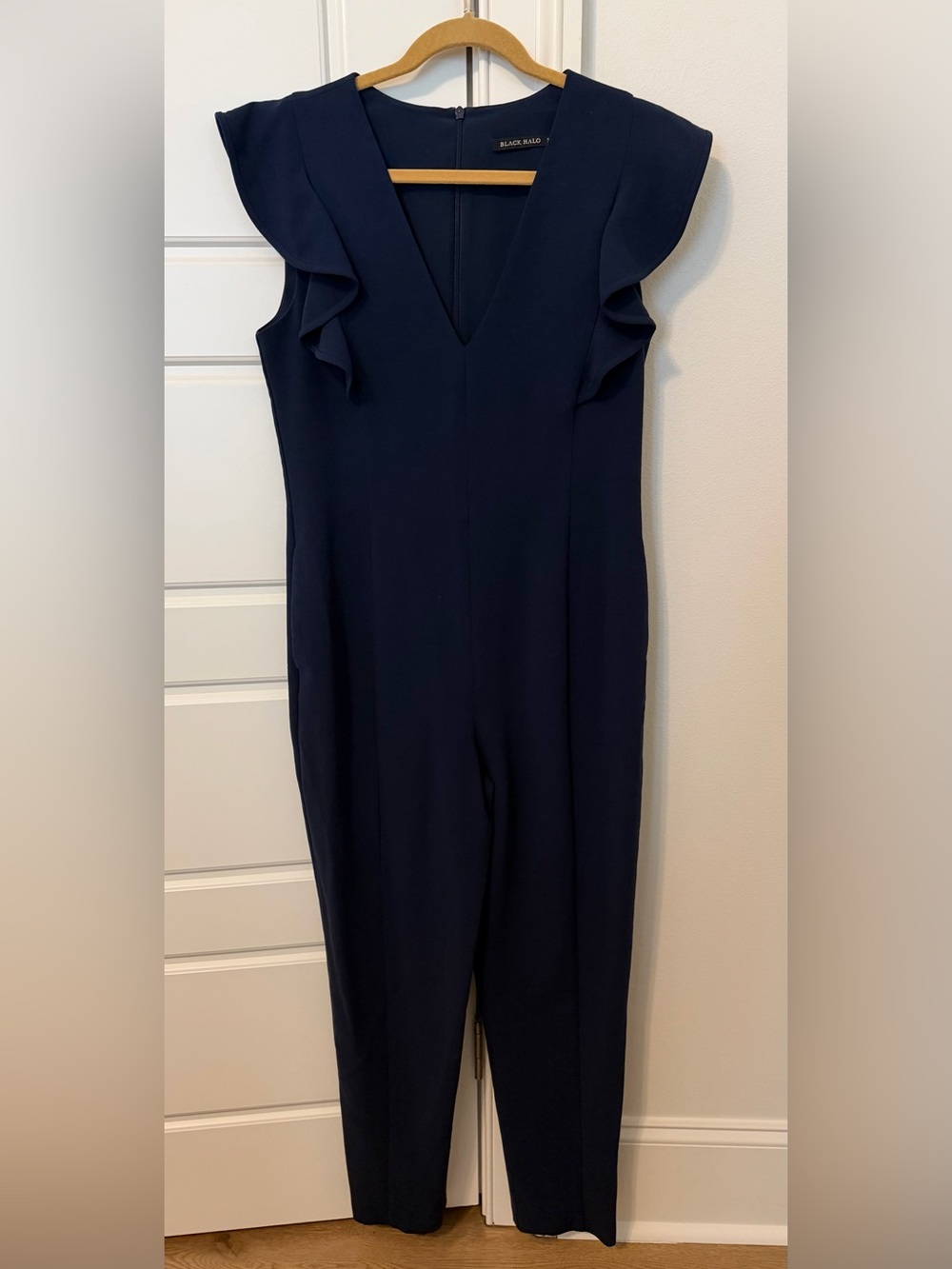 Black Halo Navy Sleeveless V-Neck Jumpsuit with Ruffle Shoulders